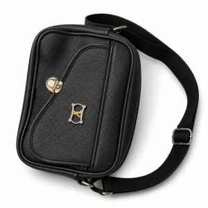 Black Pebbled Faux Leather Messenger Bag with Curved Flap